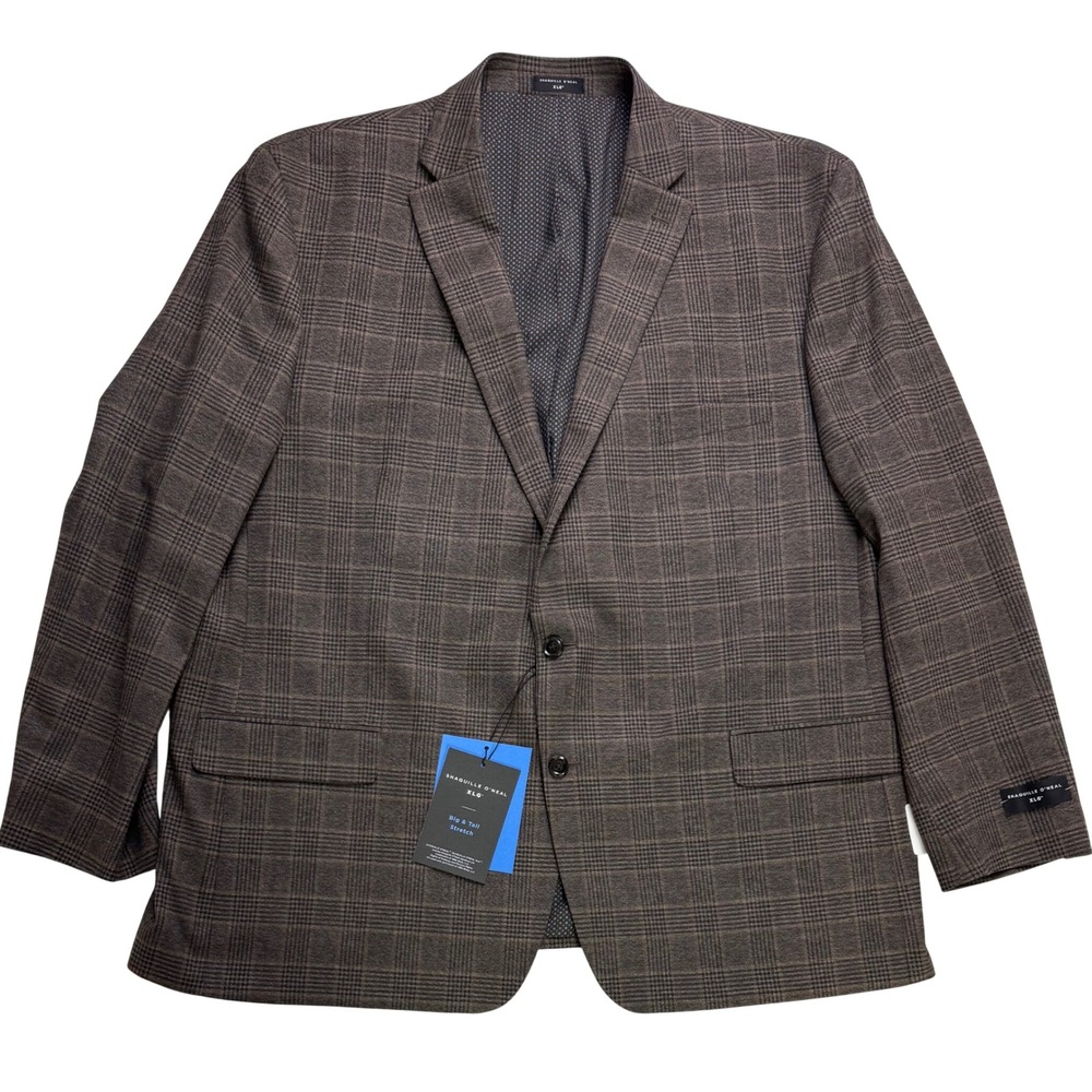 Shaquille O'Neal XLG Mens 54L Brown Glen Plaid Stretch Blazer Sport Coat